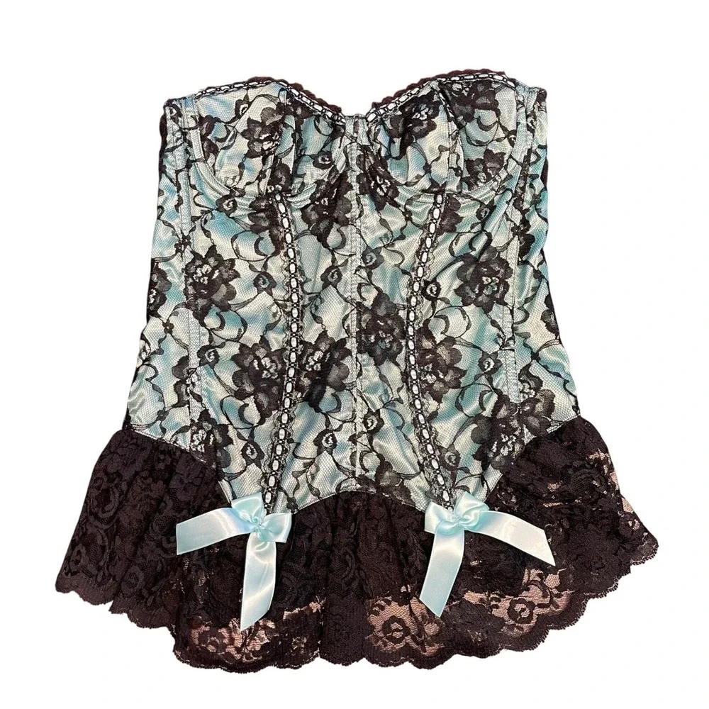 Fredericks of Hollywood Teal Black Lace Corset Bustier Sweetheart Bows Size 36‎